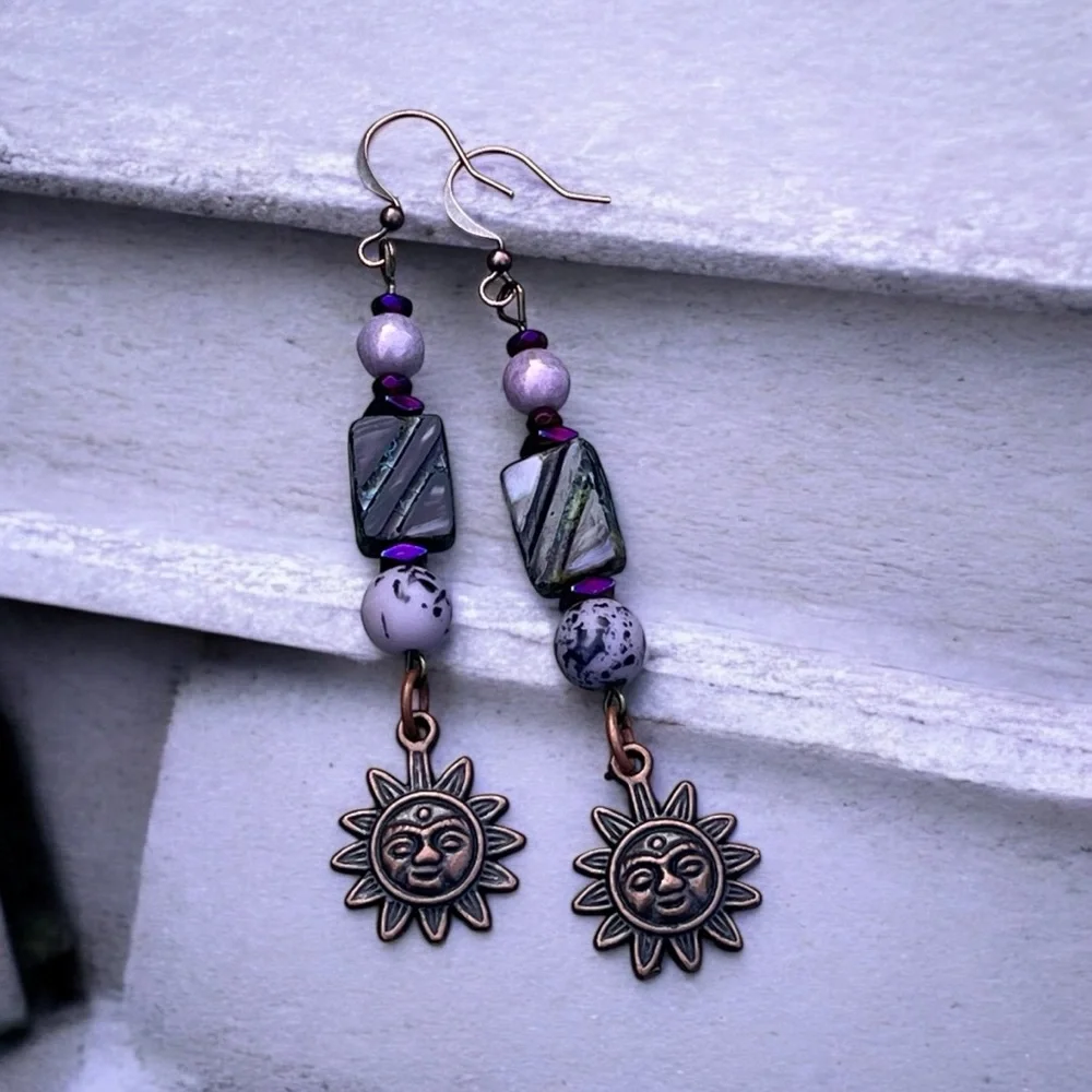 Handcrafted Sun Charm Dangle Earrings in Purple and Copper - Picture 2 of 13